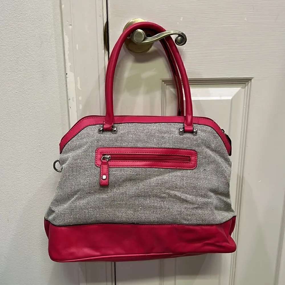 London Fog Simulated Leather Pink & Woven Satchel Purse with Long Strap